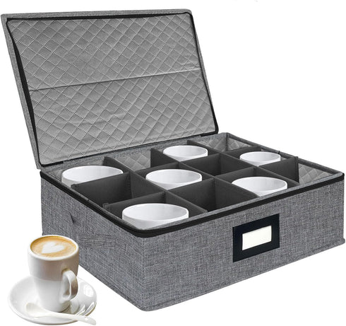 VERONLY Quilted Cup and Mug Storage Box, Holds 12 Coffee Mugs, Zipper Lid and Handles, Stackable for Dinnerware