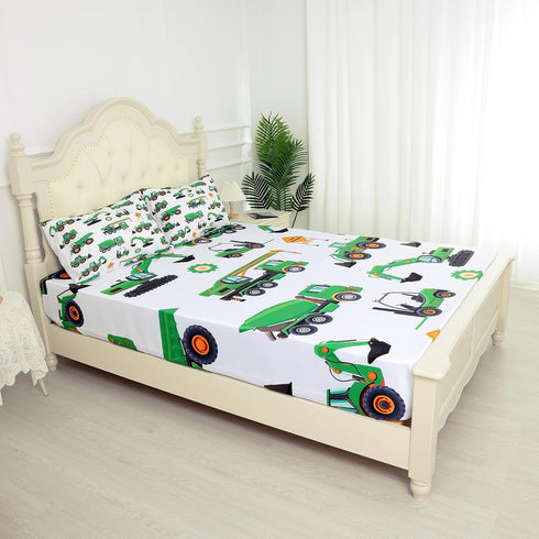 Set 4PC Set 1 1 2 Sheet Green Tractor: Queen Size Cartoon Excavator Truck Bed Sheets for Boys Kids Toddler Deep Pocket
