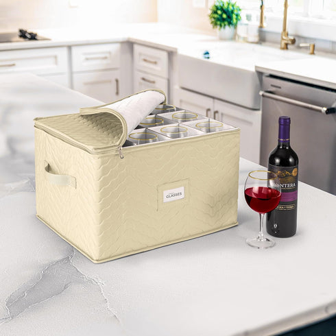 Sorbus Stemware Storage Chest - Deluxe Quilted Case for Wine Glasses, Service for 12 (Beige)