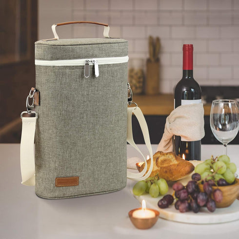ZORMY 2 Bottle Insulated Wine Carrier Bag for Travel, Cooler Tote with Shoulder Strap & Corkscrew Opener
