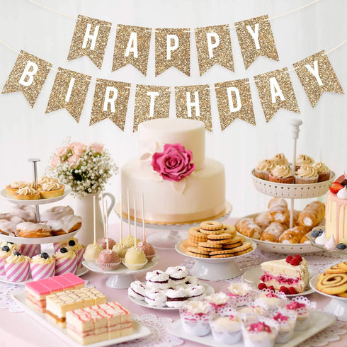Pre-strung Happy Birthday Banner, Gold Glitter Birthday Party Banner, No DIY, 6 ft Strands