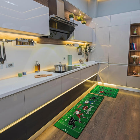 Bencailor 2 Pcs Football Field Welcome Doormat and Kitchen Rug Set, Non-Skid Washable Carpet