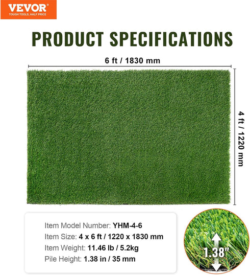 4 6 1.38" VEVOR Artifical Grass Turf, x ft Thick Grass Rug Indoor Outdoor, Realistic Synthetic Grass Mat with Drainage