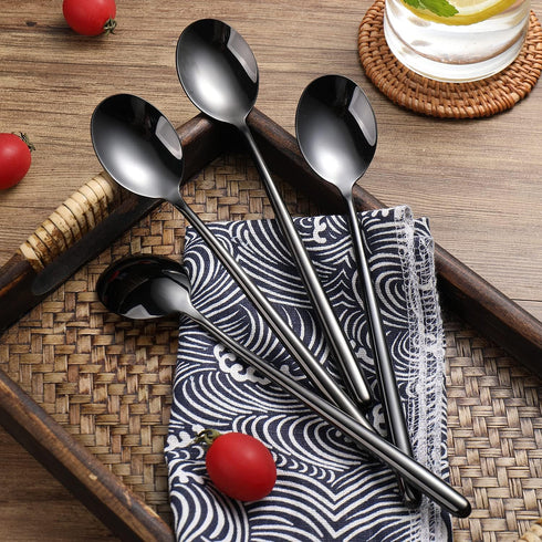 Steel Black Soup Spoon, Long Handled Great Circle Spoons, 4 Pieces, 8.7x1.6 Inches