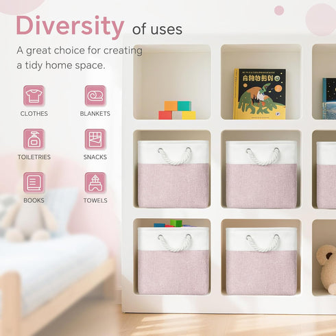 6 Pack 11x11 inch Closet, FinishingBo Cube Storage Bins, with Cotton Handles for Shelves, Clothes, Towel (White/Pink)