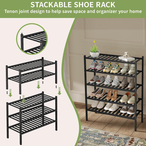 ROMGUAR CRAFT 3 Closet 27"x11"x20" Tier Bamboo Shoe Rack for Free Standing Wood Shoe Shelf Storage Organizer