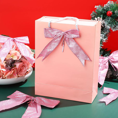 Waydress 36 Pieces Bow Decor, Pink Christmas Tree Bow Ornament, Glitter Ribbon Bowknot for Wreath Garland, Party Crafts
