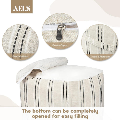 18"x18"x18", AELS Unstuffed Farmhouse Pouf Cover for Living Room, Boho Storage Bean Bag Cubes, Beige with Black Stitch
