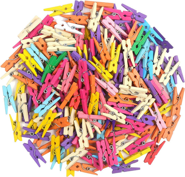 KIMOBER Mini Wooden Clothespins 200pcs, Mixed Colored Small Craft Peg Pins Clips for Photos, Paper Crafts