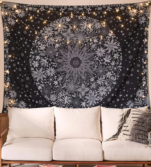 Neasow Bohemian Tapestry Wall Hanging, Black and White Floral Tapestry, 60×80 inches, Boho Decor