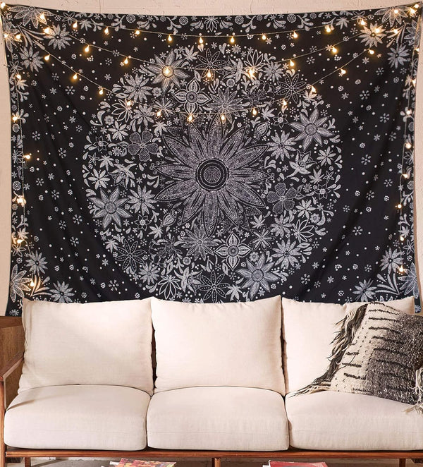Neasow Bohemian Tapestry Wall Hanging, Black and White Floral Tapestry, 60×80 inches, Boho Decor