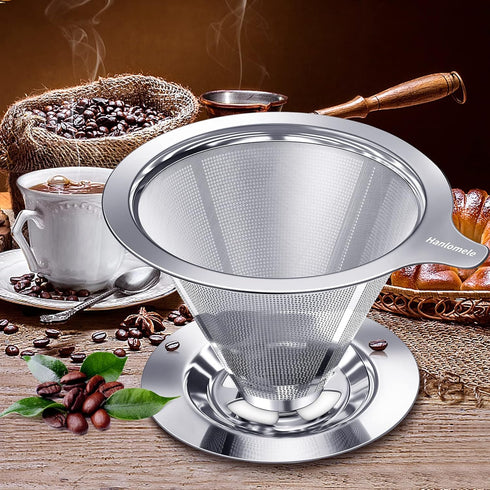 Pour Over Coffee Dripper, Reusable Paperless Coffee Filter for Single Cup Brew, Stainless Steel Cone Filter