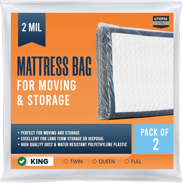 Utopia Home Mattress Bag for Moving King Size (Pack of 2), 2 Mil Thick Plastic Cover Fits Mattresses up to 14 Inches