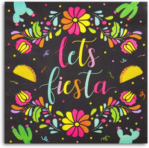 Sparkle and Bash 100 Pack Let's Fiesta Party Napkins (Black, 6.5 In) - Kids Birthday & Cinco de Mayo Decorations