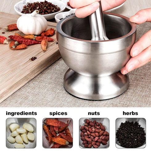 Stainless Steel Mortar and Pestle Set, Large Spices Herbs Grinder for Kitchen Lab, 18/8 Steel Crusher