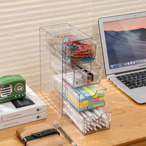 FABROK Clear Hair Accessory Organizer Box - 4 Drawer Compact Storage Set for Cosmetics, Glasses, Stationery, Stackable