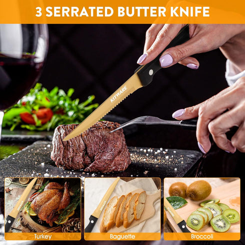 KITWARE Gold Steak Knives Set of 6 pcs with Gift Box, 4.5 inch Stainless Steel Steak sets, Serrated Edge Metal Knife Sets for Dinner Table, Knife for Barbeque, Picnic, Camping, Hiking by KITWARE