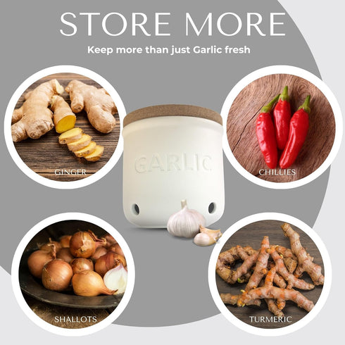 Okavango Countertop 16oz) Garlic Keeper - White Ceramic Container with cork lid - Garlic Storage - Garlic Holder
