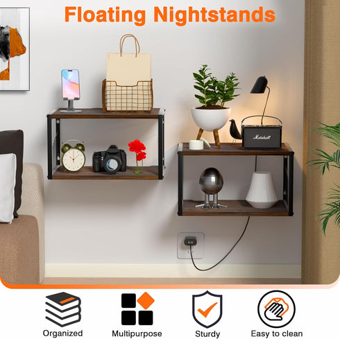 Alytree Floating Nightstand, Wood Floating Bedside Table with Cable Hole, Wall Mounted Nightstand for Bedroom, Living