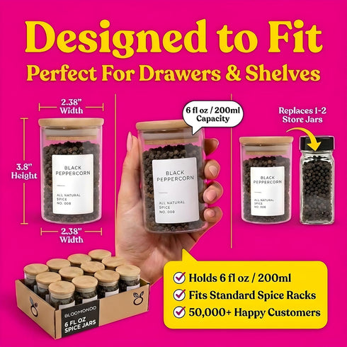 Bloomondo Pack (12x 6oz 112 48 Empty Spice Jars with Label Bamboo Lid Glass Jar). Small Spice Storage Bottles