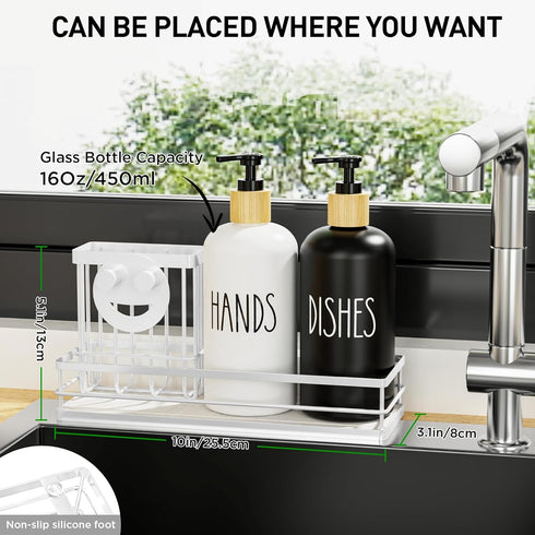 Set, 16OZ Set, Moforoco Kitchen Dish Soap Dispenser Glass Bottle, Hand and Dish Soap Dispenser Instant Dry Tray