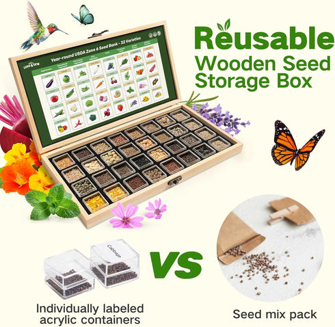 6 32 30,000+ Lush&Dew Year-Round USDA Zone Heirloom Survival Seed Kit, Varieties Non-GMO Seeds for Planting Vegetables
