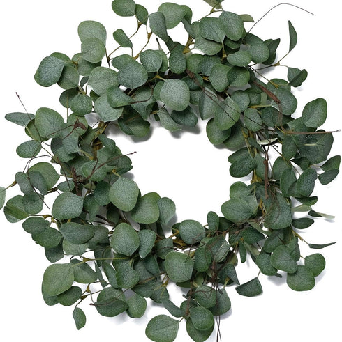 idyllic Eucalyptus Leaves Wreath, 22 Inches Round Green Metal Polyester Fabric Paper for Front Door Decor