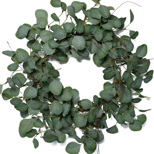 idyllic Eucalyptus Leaves Wreath, 22 Inches Round Green Metal Polyester Fabric Paper for Front Door Decor