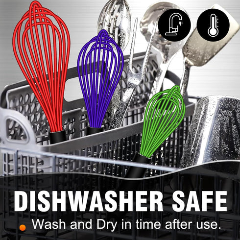 Walfos Whisk Set of 3: 8.5+9+11in Silicone Whisks for Cooking, Heat Resistant, Dishwasher Safe