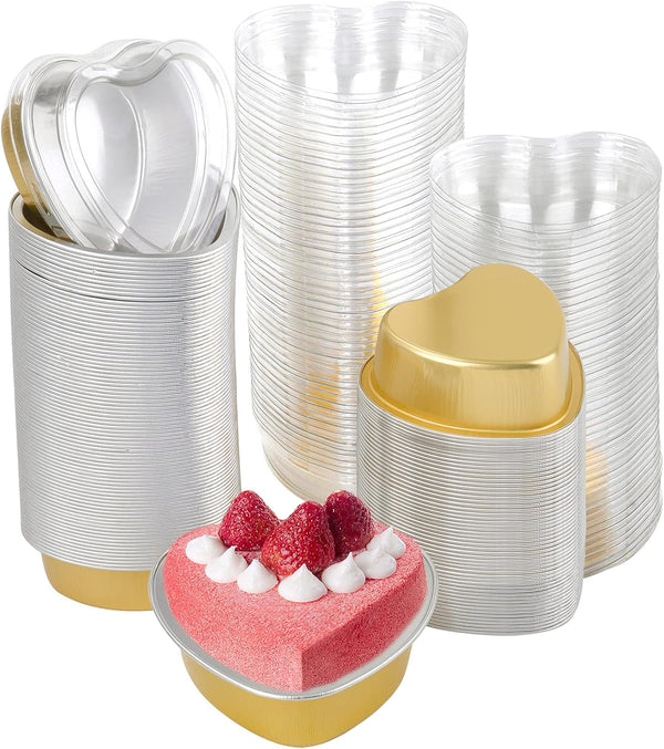 SOUJOY 100 Pieces Heart Shaped Baking Cups, 3.4 oz Aluminum Foil Cake Pan with Lids for Cupcake Ramekin