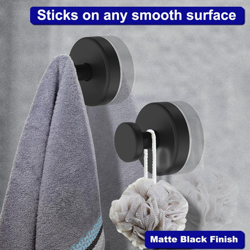 Suction Cup Hooks for Shower, Removable Towel Hooks for Bathroom and Glass Door, 2 Pack, Black
