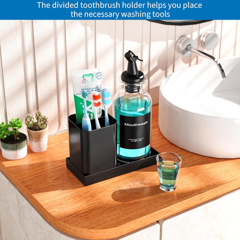 Set 11.8OZ Nozzle Bathroom Glass Mouthwash Dispenser with Cup,Black Toothbrush Holder Stainless Steel with Clear Mouth