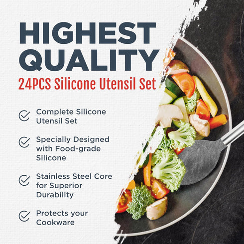 Silicone Kitchen Utensils Set - Culinary Couture 24-Pieces Grey Silicone Cooking Utensils Set for Nonstick Cookware - Silicone Spatulas Set, Stainless Steel Handle & Other Kitchen accessories by Culinary Couture