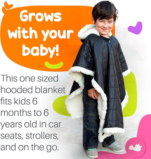 Birdy Boutique Car Seat Poncho for Kids, Reversible Warm Blanket, Safe Over Seat Belts, Black, One Size
