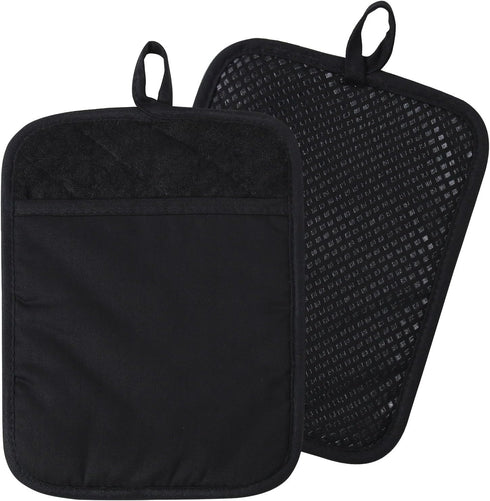 100% Cotton with Silicone Kitchen Everyday Basic Pot Holder Heat Resistant Coaster Potholder Oven Mitts Set of 2 (Black)