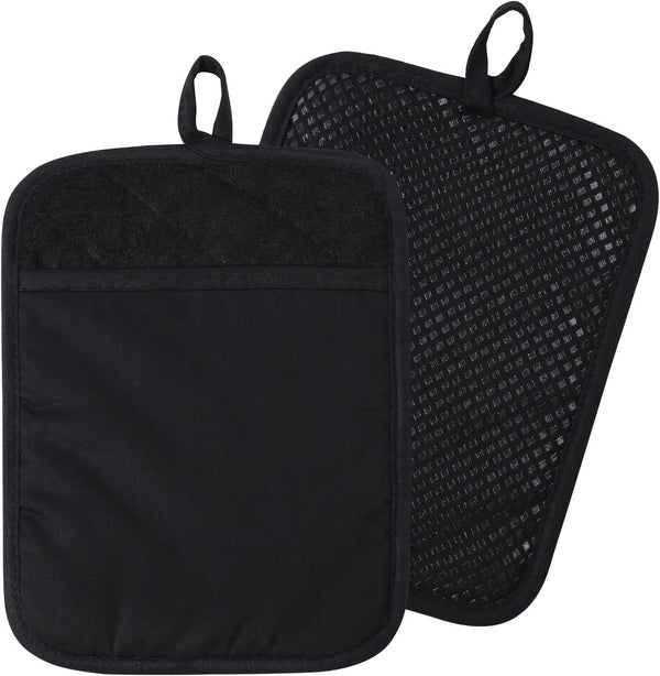100% Cotton with Silicone Kitchen Everyday Basic Pot Holder Heat Resistant Coaster Potholder Oven Mitts Set of 2 (Black)