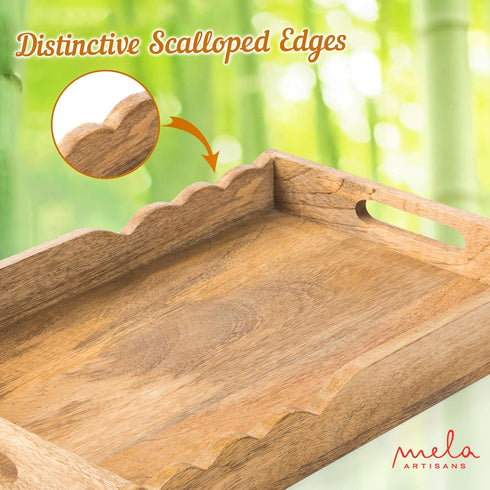 15x10x1.75 inch Mela Artisans Wooden Serving Tray with Handles | | Mango Wood Decorative Tray| Ottoman Tray | Snacks |
