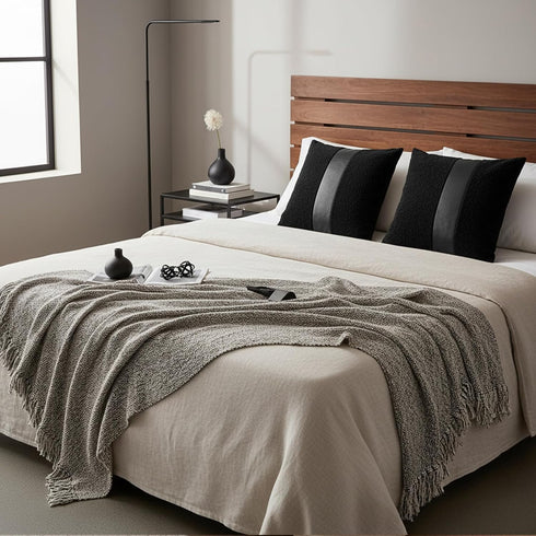 Pack 2 18 18 Inch of Black Boucle Decorative Pillow Cover with Faux Leather Modern Accent Pillow Case x Textured Stripe