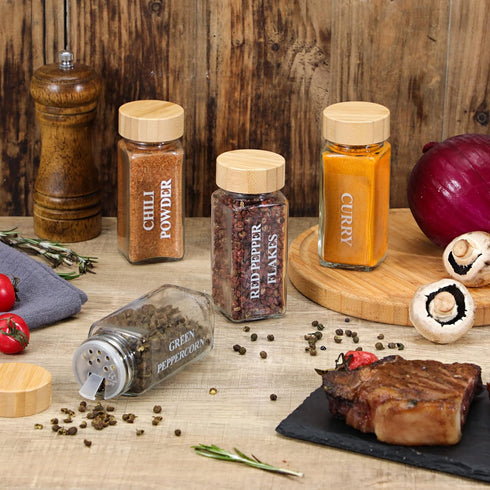 24 4 oz NETANY Pcs Glass Spice Jars with Bamboo Lids, Glass Jars with Minimalist Farmhouse Spice Labels Stickers