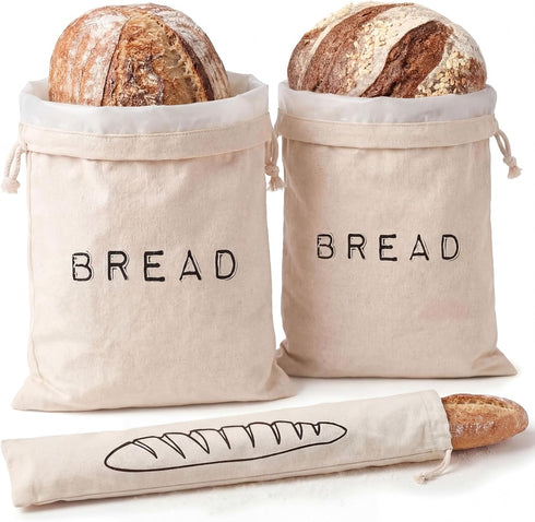 Leafico Reusable Bread Bags 2 Cotton Storage Bags + 1 Baguette Bag