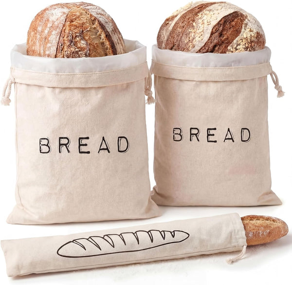 Leafico Reusable Bread Bags 2 Cotton Storage Bags + 1 Baguette Bag