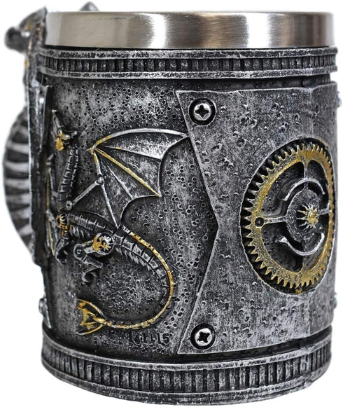 Ebros Gift Steampunk Nightcrawler Silver Firewheel Cyborg Dragon Beer Stein Tankard Coffee Mug