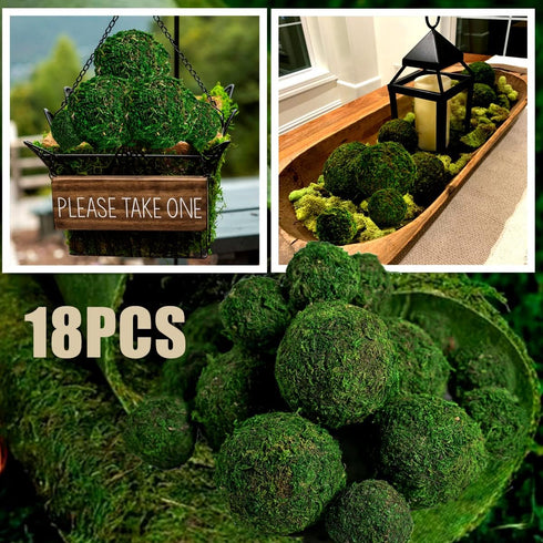 BYHER Moss Balls, 18 PCS Decorative Balls for Centerpiece Bowls - 6pcs 3.2" Natural Dried + 12pcs 2" Green Filler