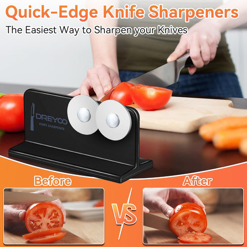 Dreyoo Cutlery Pointed Edge Knife Sharpener, Double Sided Stainless Steel Wheels for Kitchen and Pocket Knives