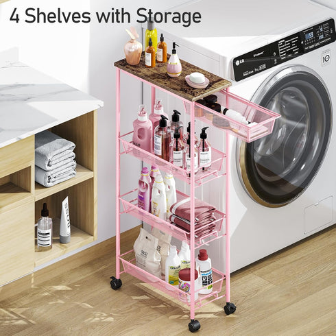 4-Tier KINGRACK Slim Storage Cart, Metal Rolling Cart, Organizer with Wooden Tabletop and Drawer Basket, Mobile