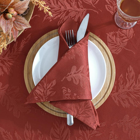 Elrene Home Fashions 70" x 70" Round Elegant Woven Leaves Jacquard Damask Tablecloth, Spice Red, Wrinkle Resistant