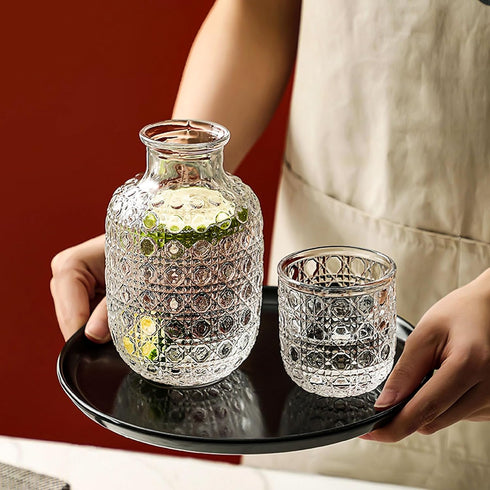 Set Set 18.5 oz Bedside Water Carafe and Glass for Bedroom Nightstand, Bedside, Ticked Glass Mouthwash Decanter