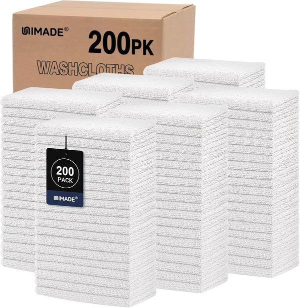 UNIMADE Washcloths Bulk - 200 Pack - Face Towels (12" x 12"),