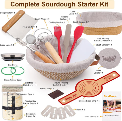 SavEase 9" 10" Sourdough Bread Baking Supplies, Complete Sourdough Starter Kit, Round & Oval Bread Proofing Basket