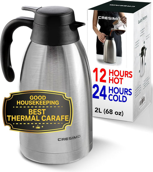 Thermal Coffee Carafe 68oz / 2L, Insulated Stainless Steel Dispenser for Hot Beverages, Ideal for Parties